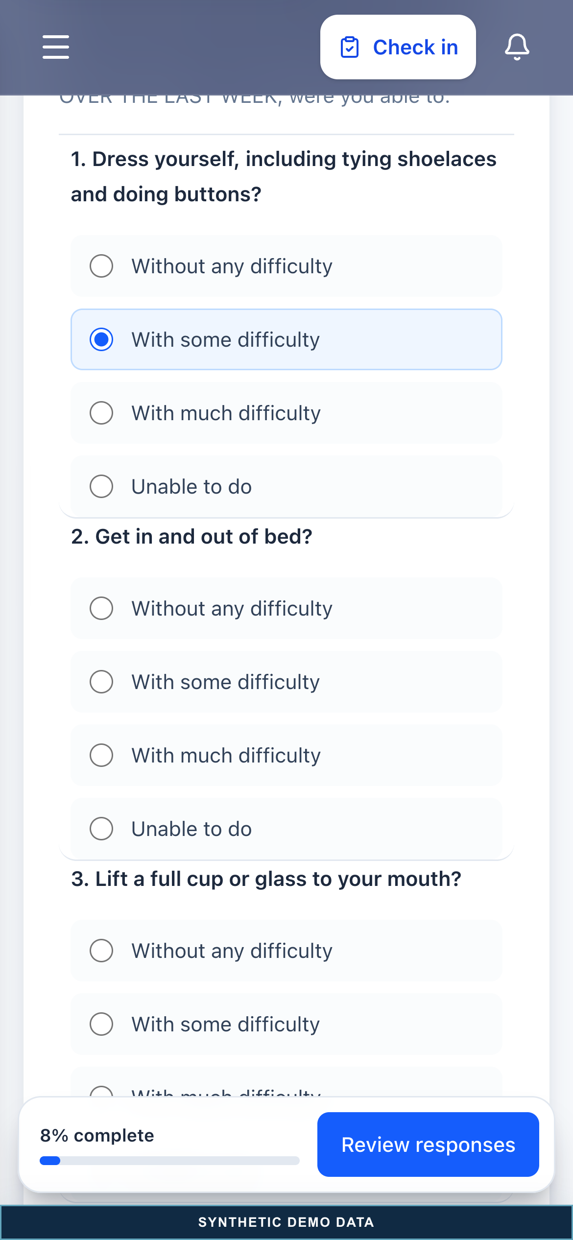 A patient completing an assigned RAPID3 questionnaire on a phone, using synthetic demo data.